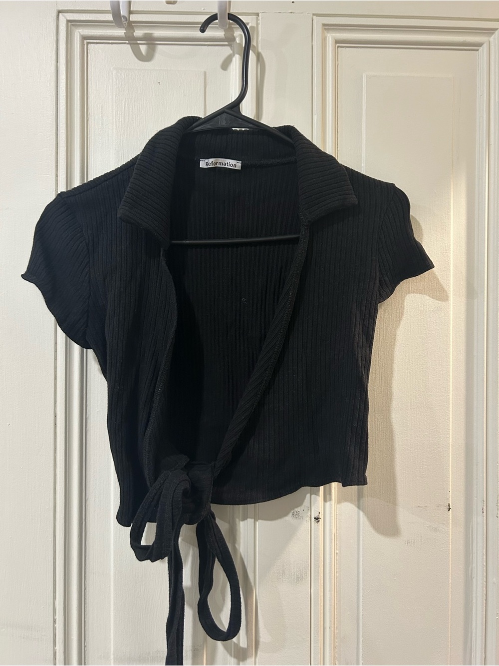 Reformation Black Ribbed Collared Tie-Front Crop